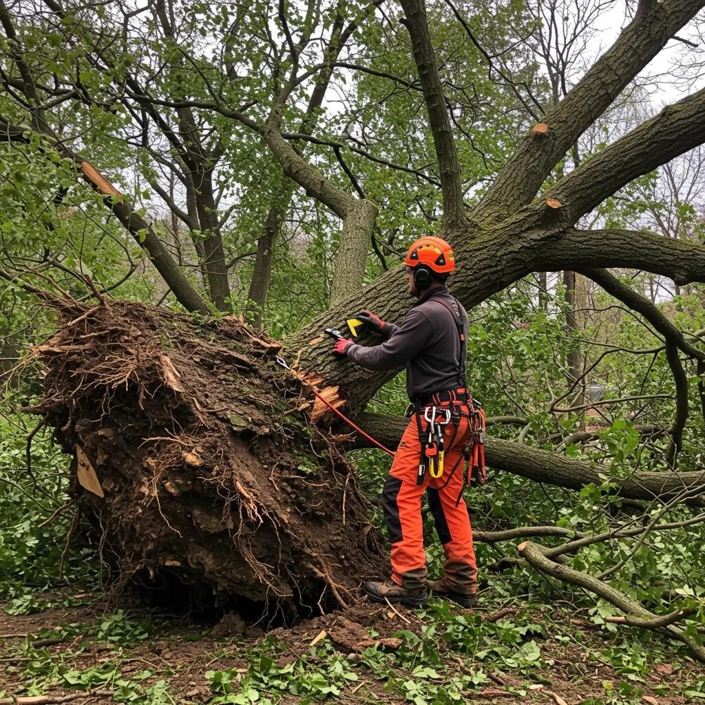 Certified arborist assessing a storm-damaged tree for safe removal